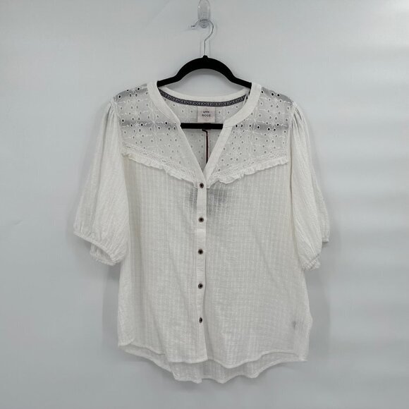 Knox Rose Balloon Short Sleeve Button Front Textured Top Size L Ivory White - Picture 3 of 9